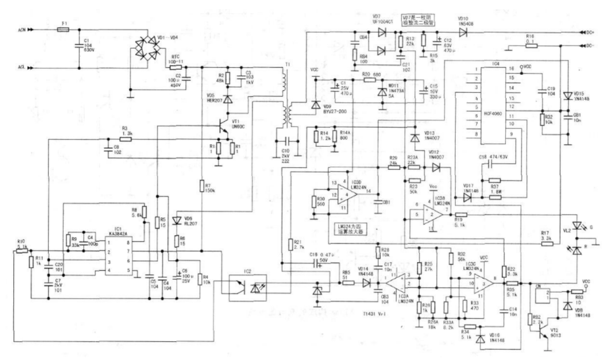下图由KA3842 LM324 HCF4060构成的单端反激式脉冲充电器电路.png